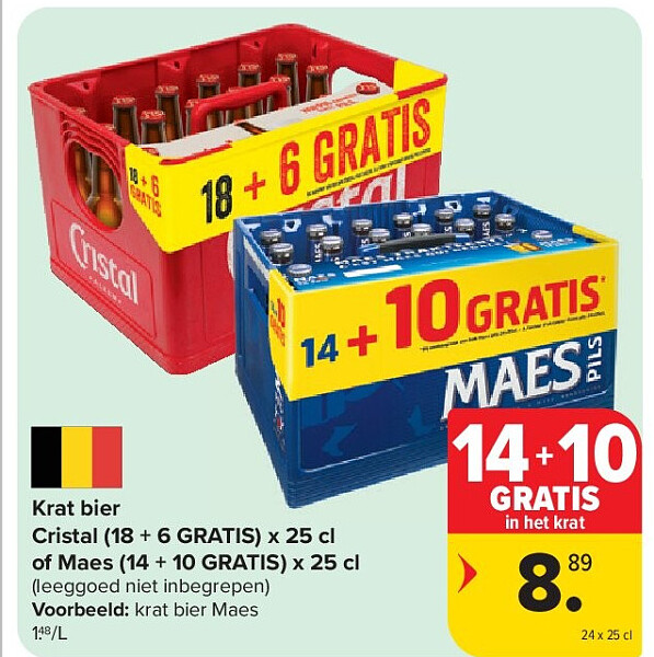 Krat bier Cristal (18 + 6 GRATIS) x 25 cl of Maes (14 + 10 GRATIS) x 25 cl