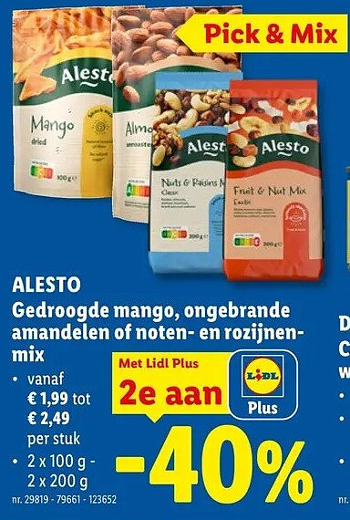 ALESTO Gedroogde mango, ongebrande amandelen of noten- en rozijnen-mix