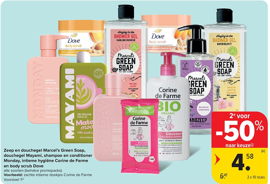 Zeep en douchegel Marcel’s Green Soap, douchegel Mayami, shampoo en conditioner Monday, intieme hygiëne Corine de Farme en body scrub Dove