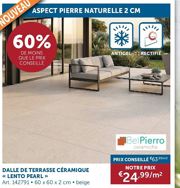 DALLE DE TERRASSE CÉRAMIQUE « LENTO PEARL »