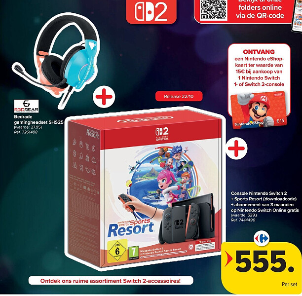 Bedrade gamingheadset SHS25 + Console Nintendo Switch 2 + Sports Resort (downloadcode) + abonnement van 3 maanden op Nintendo Switch Online gratis
