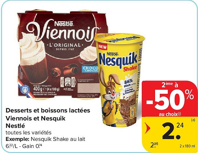 Desserts et boissons lactées Viennois et Nesquik Nestlé 2 x 180 ml