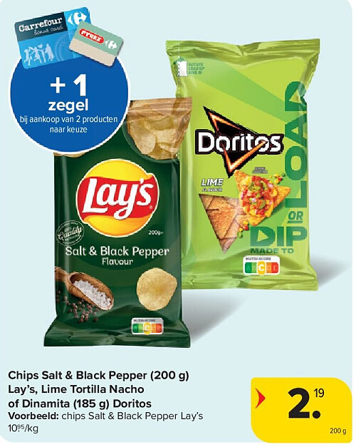 Chips Salt & Black Pepper (200 g) Lay’s, Lime Tortilla Nacho of Dinamita (185 g) Doritos