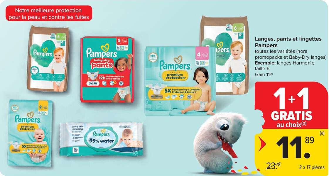 Langes, pants et lingettes Pampers 2 x 17 pièces