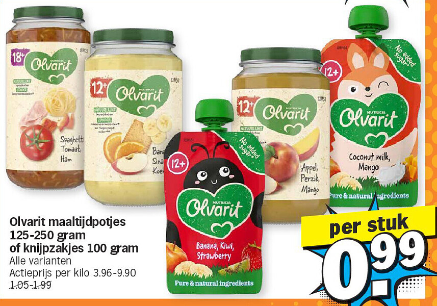 Olvarit maaltijdpotjes 125-250 gram of knijpzakjes 100 gram