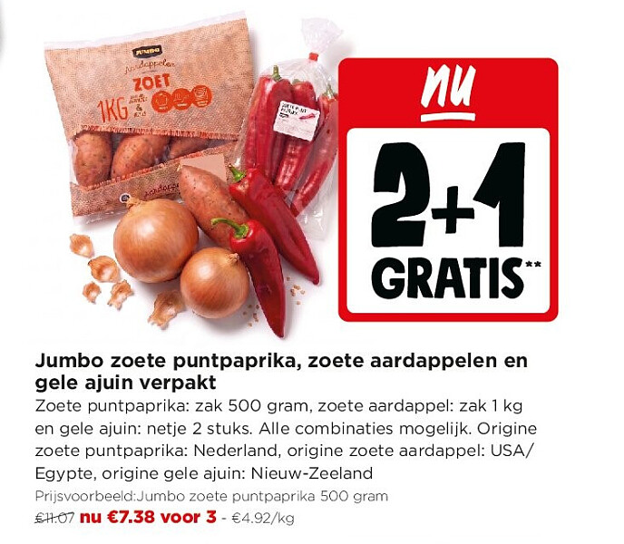 Jumbo zoete puntpaprika, zoete aardappelen en gele ajuin verpakt