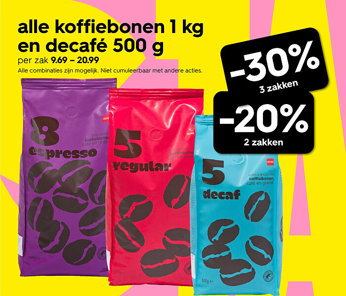 alle koffiebonen 1 kg en decafé 500 g