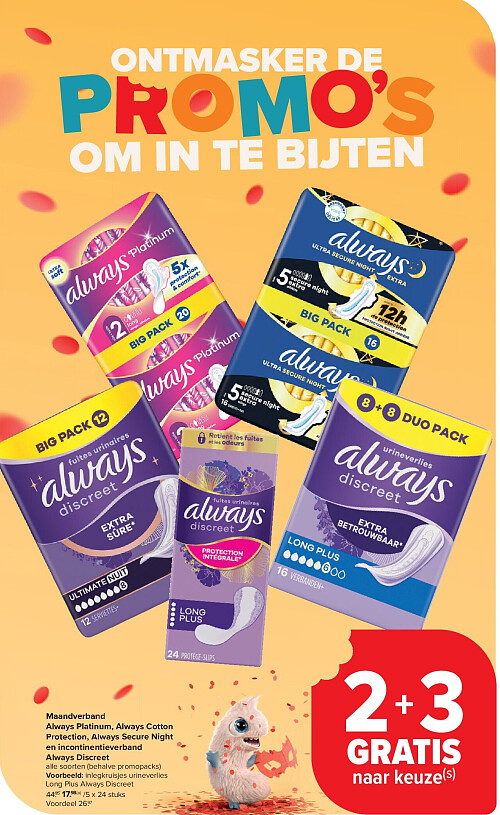 Maandverband Always Platinum, Always Cotton Protection, Always Secure Night en incontinentieverband Always Discreet