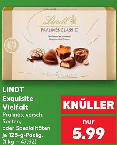 LINDT Exquisite Vielfalt Pralinés, versch. Sorten, oder Spezialitäten je 125-g-Packg. (1 kg = 47.92)