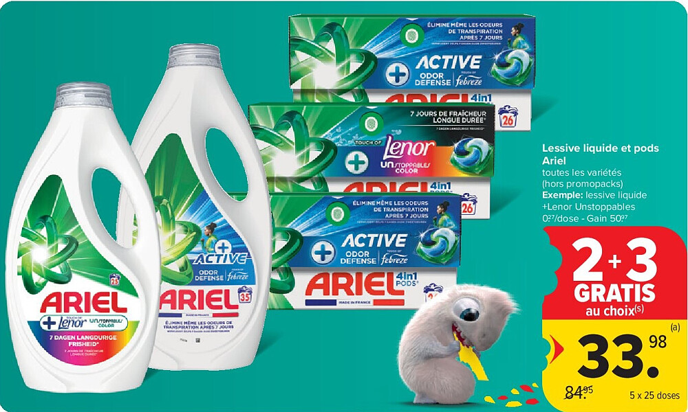 Lessive liquide et pods Ariel 5 x 25 doses