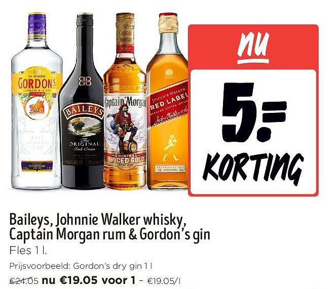 Baileys, Johnnie Walker whisky, Captain Morgan rum & Gordon’s gin