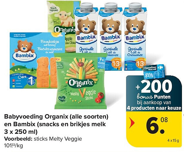 Babyvoeding Organix (alle soorten) en Bambix (snacks en brikjes melk 3 x 250 ml)