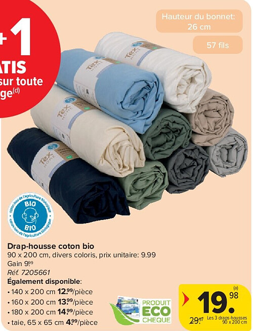 Drap-housse coton bio 90 x 200 cm