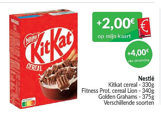 Nestlé Kitkat cereal - 330g / Fitness Prot. cereal Lion - 340g / Golden Grahams - 375g