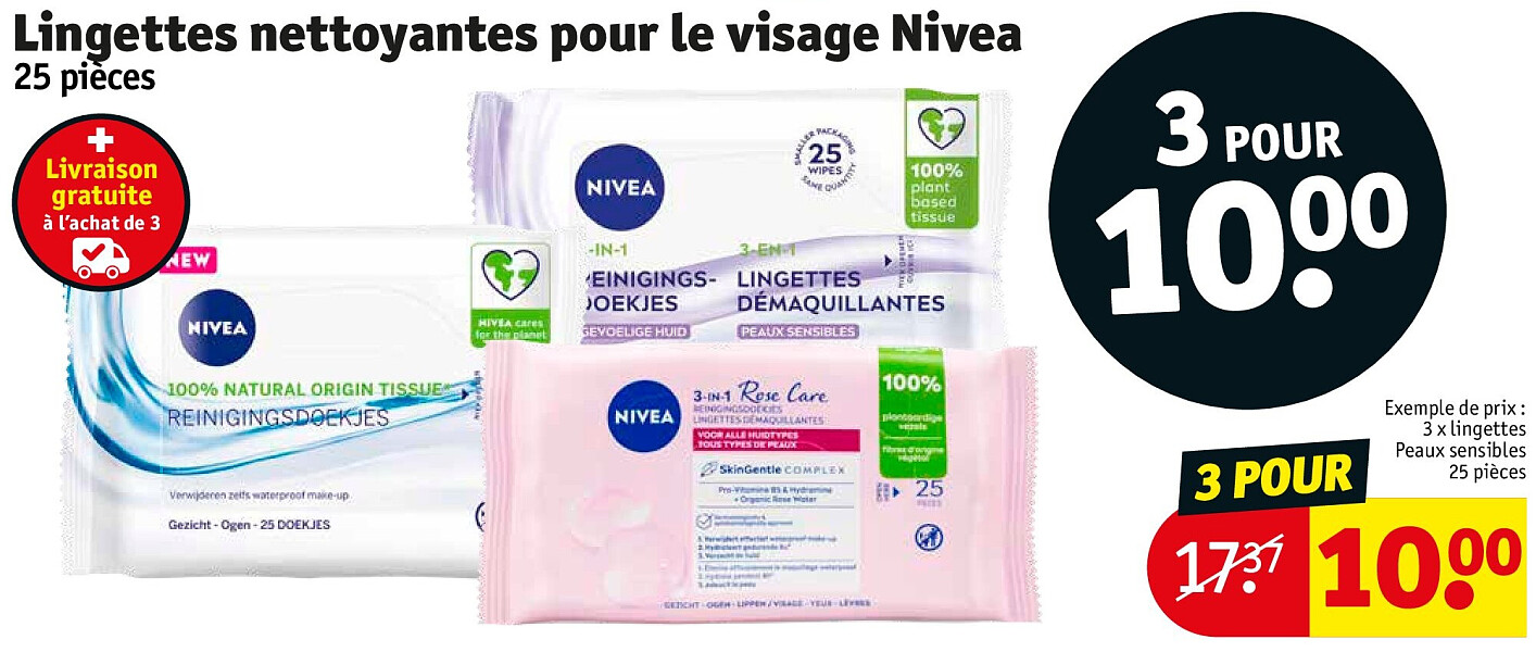 Lingettes nettoyantes pour le visage Nivea 25 pièces 3 POUR
