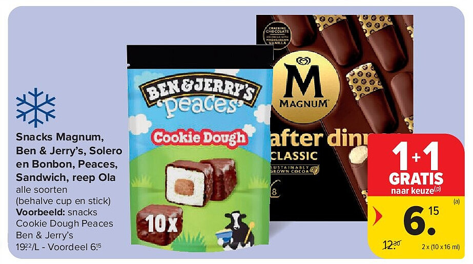 Snacks Magnum, Ben & Jerry’s, Solero en Bonbon, Peaces, Sandwich, reep Ola