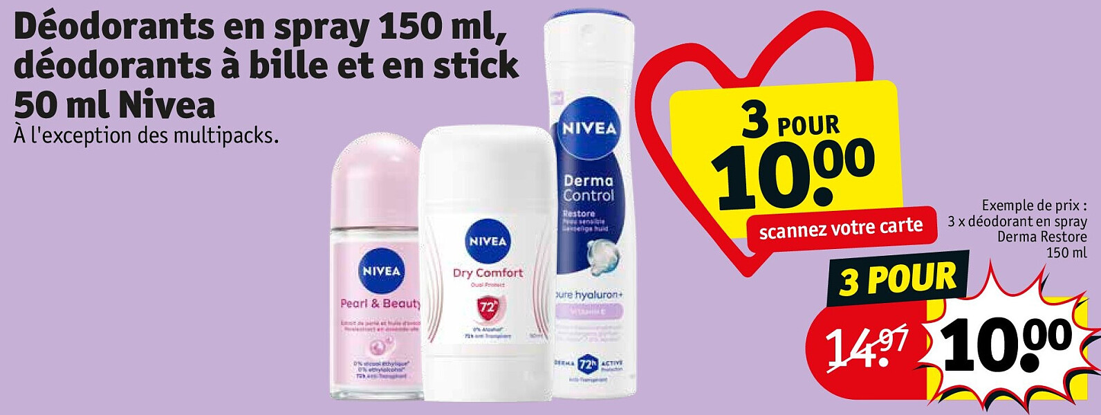 Déodorants en spray 150 ml, déodorants à bille et en stick 50 ml Nivea 3 POUR