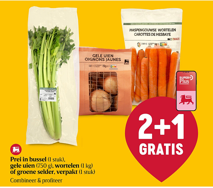 Prei in bussel (1 stuk), gele uien (750 g), wortelen (1 kg) of groene selder, verpakt (1 stuk)