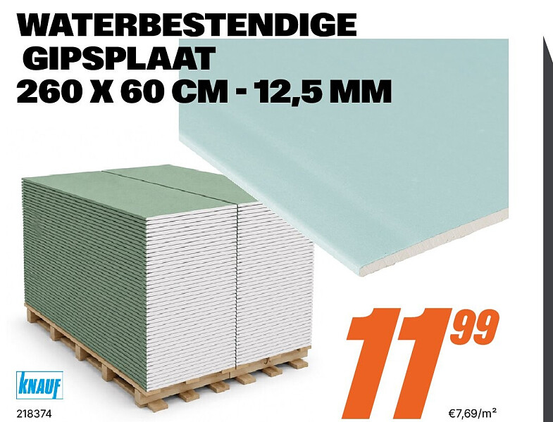 WATERBESTENDIGE GIPSPLAAT 260 X 60 CM - 12,5 MM