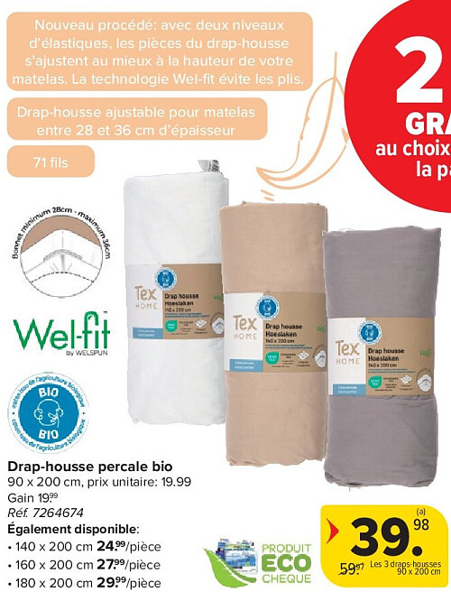 Drap-housse percale bio 90 x 200 cm