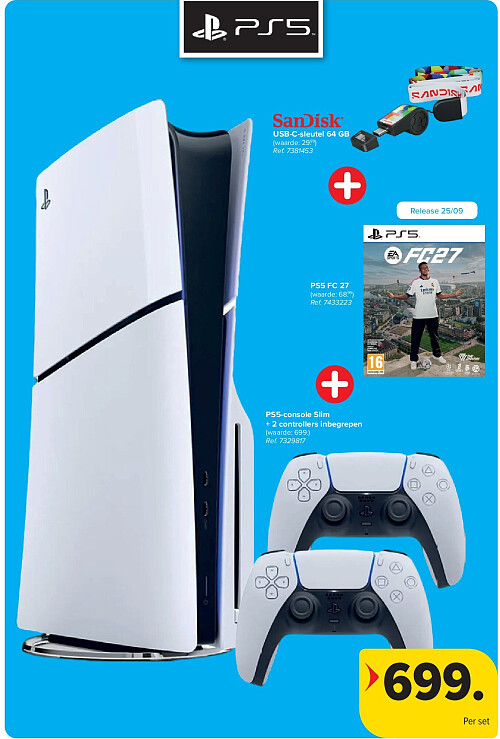 USB-C-sleutel 64 GB + PS5 FC 27 + PS5-console Slim + 2 controllers inbegrepen