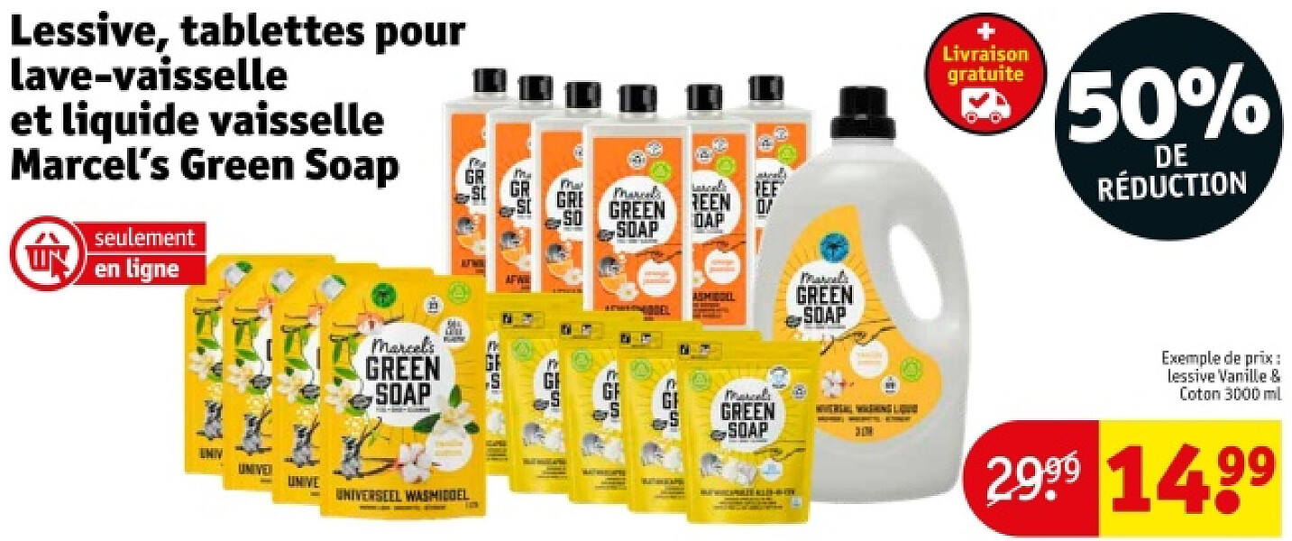 Lessive, tablettes pour lave-vaisselle et liquide vaisselle Marcel's Green Soap
