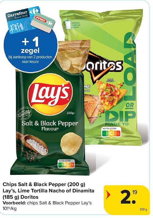Chips Salt & Black Pepper (200 g) Lay’s, Lime Tortilla Nacho of Dinamita (185 g) Doritos