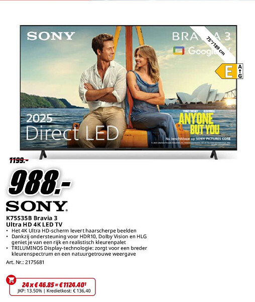 Sony K75S35B Bravia 3 Ultra HD 4K LED TV