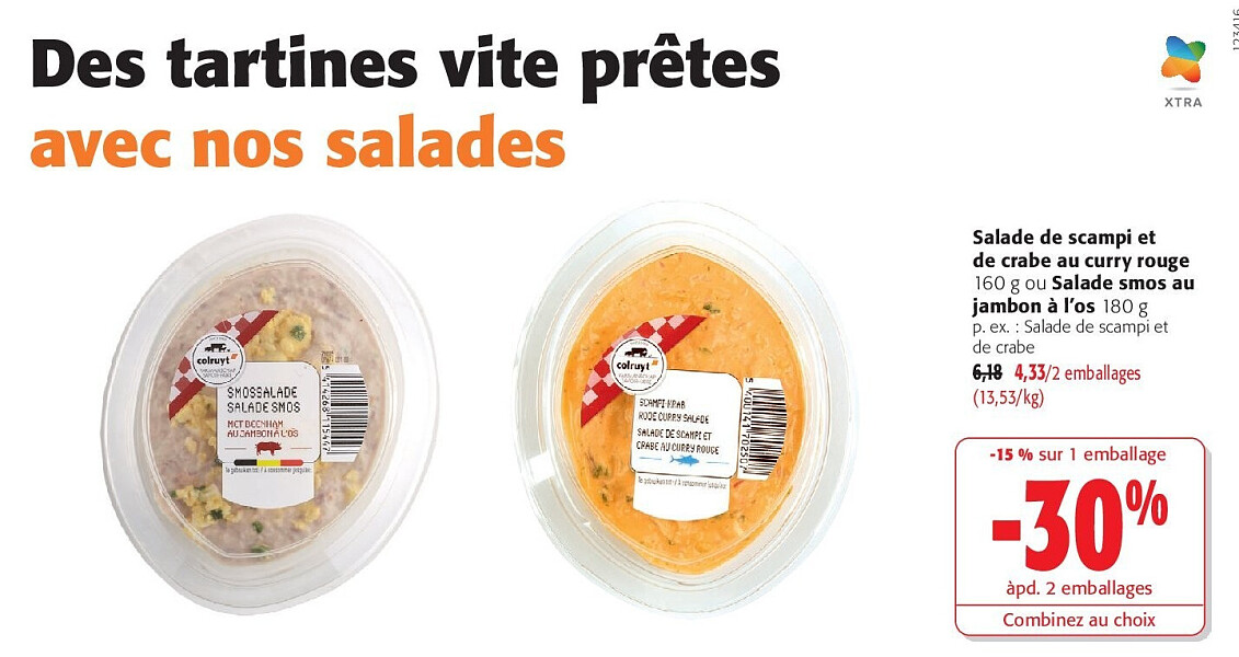 Salade de scampi et de crabe au curry rouge 160 g ou Salade smos au jambon à l’os 180 g