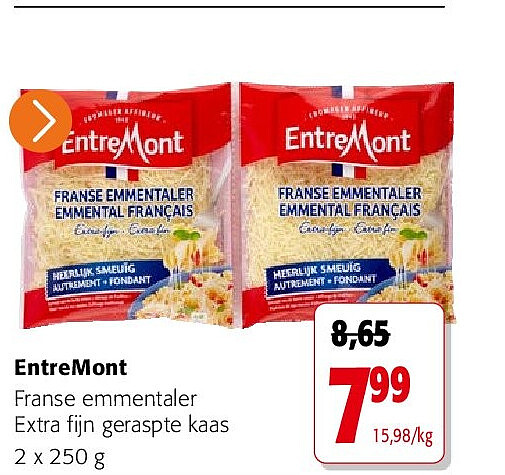 EntreMont Franse emmentaler Extra fijn geraspte kaas 2 x 250 g