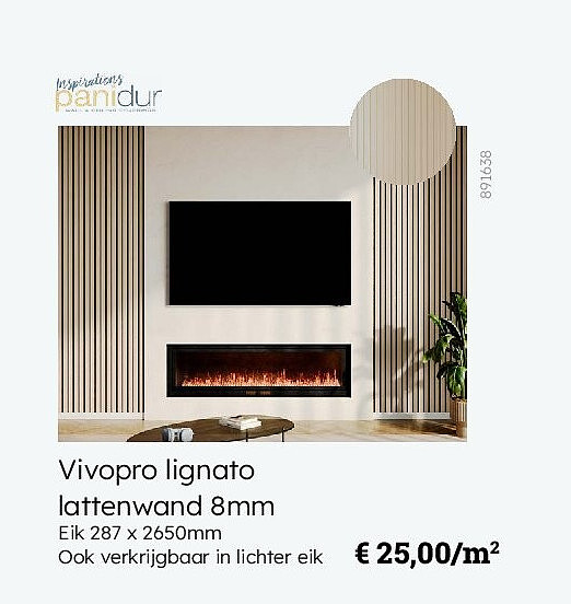 Vivopro lignato lattenwand 8mm Eik 287 x 2650mm Ook verkrijgbaar in lichter eik