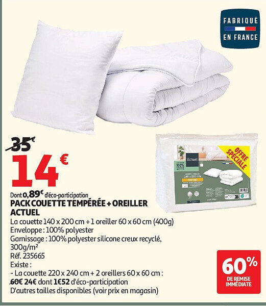 Pack couette tempérée + 2 oreillers Actuel 220 x 240 cm