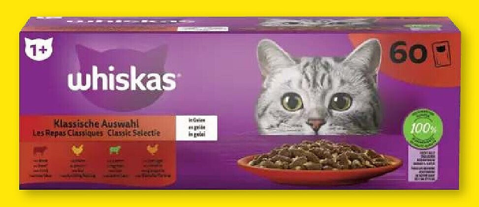 Whiskas pochons pour chat, repas classiques en gelée ou sélection du chef en sauce, 60 x 85 g