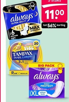 Always en Always Discreet grootverpakkingen, broekjes en Tampax