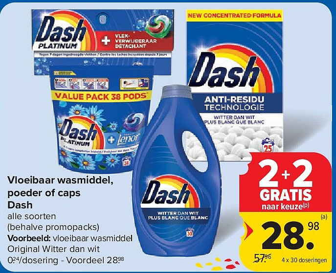 Vloeibaar wasmiddel, poeder of caps Dash