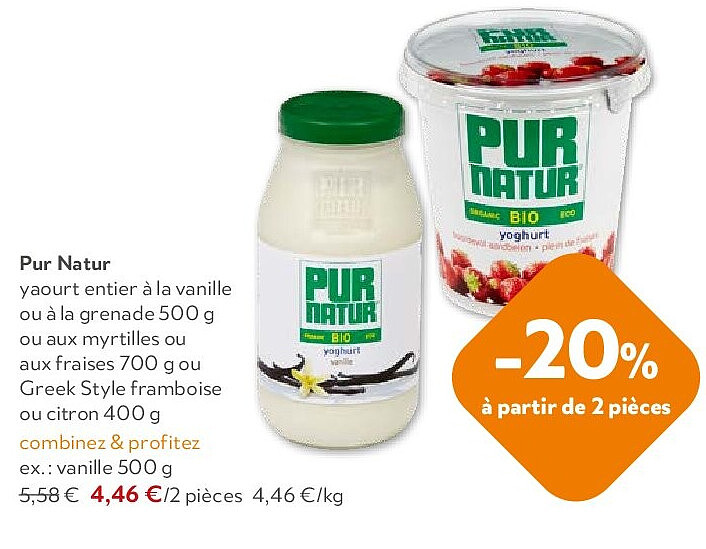 Pur Natur yaourt entier à la vanille ou à la grenade 500 g