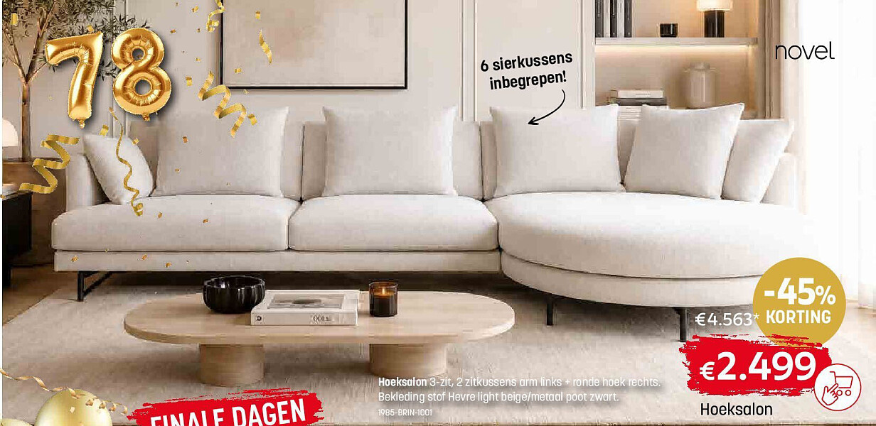 Hoeksalon 3-zit, 2 zitkussens arm links + ronde hoek rechts.