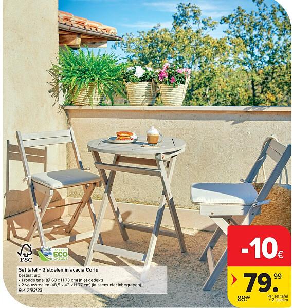 Set tafel + 2 stoelen in acacia Corfu
