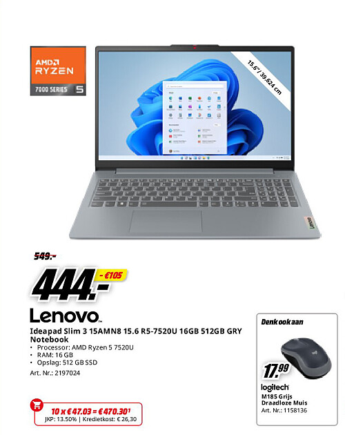 Lenovo Ideapad Slim 3 15AMN8 15.6 R5-7520U 16GB 512GB GRY Notebook