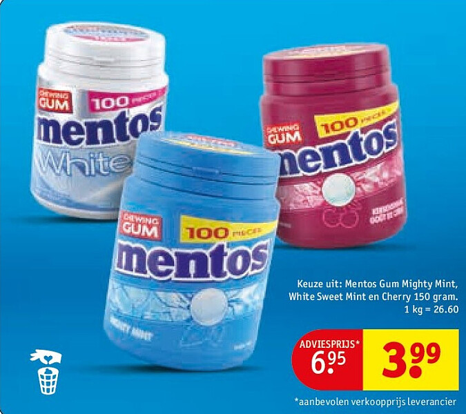 Mentos Gum Mighty Mint, White Sweet Mint en Cherry 150 gram.