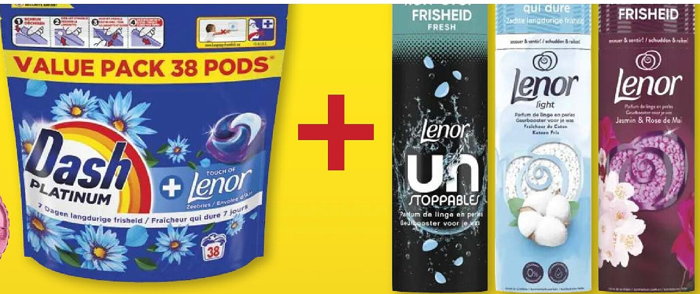 Dash Platinum Ocean ou Ambre & Orchidée 38 doses + 3 Lenor Perles de parfum