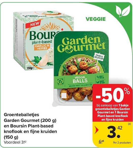 Groenteballetjes Garden Gourmet (200 g) en Boursin Plant-based knofl ook en fi jne kruiden (150 g)