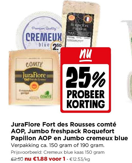 JuraFlore Fort des Rousses comté AOP, Jumbo freshpack Roquefort Papillon AOP en Jumbo cremeux blue