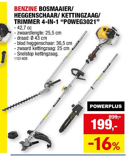 BENZINE BOSMAAIER/ HEGGENSCHAAR/ KETTINGZAAG/ TRIMMER 4-IN-1 “POWEG3021”