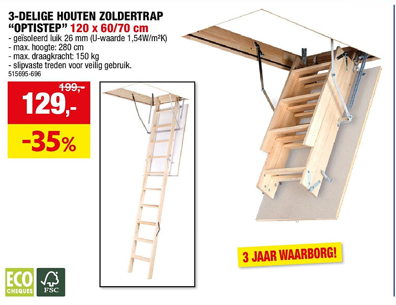 3-DELIGE HOUTEN ZOLDERTRAP “OPTISTEP” 120 x 60/70 cm