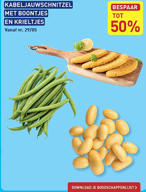 KABELJAUWSCHNITZEL MET BOONTJES EN KRIELTJES