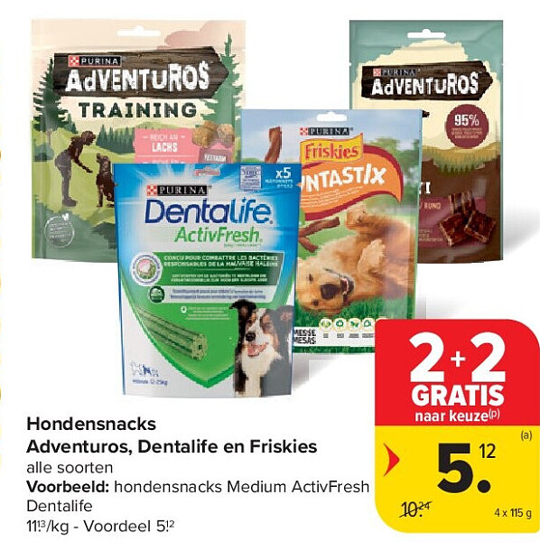 Hondensnacks Adventuros, Dentalife en Friskies