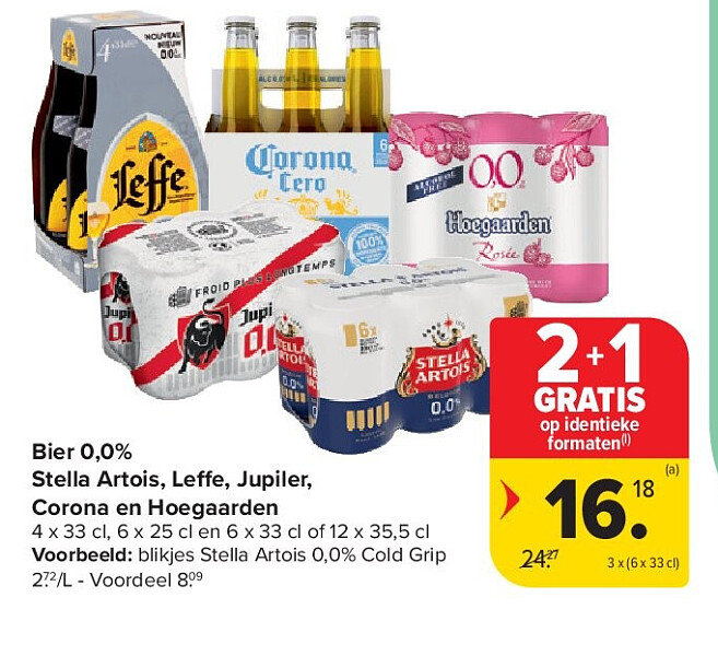 Bier 0,0% Stella Artois, Leffe, Jupiler, Corona en Hoegaarden