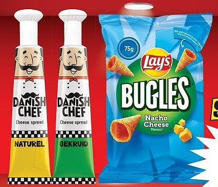 Lay's Bugles nacho cheese of Danish Chef cheese spread