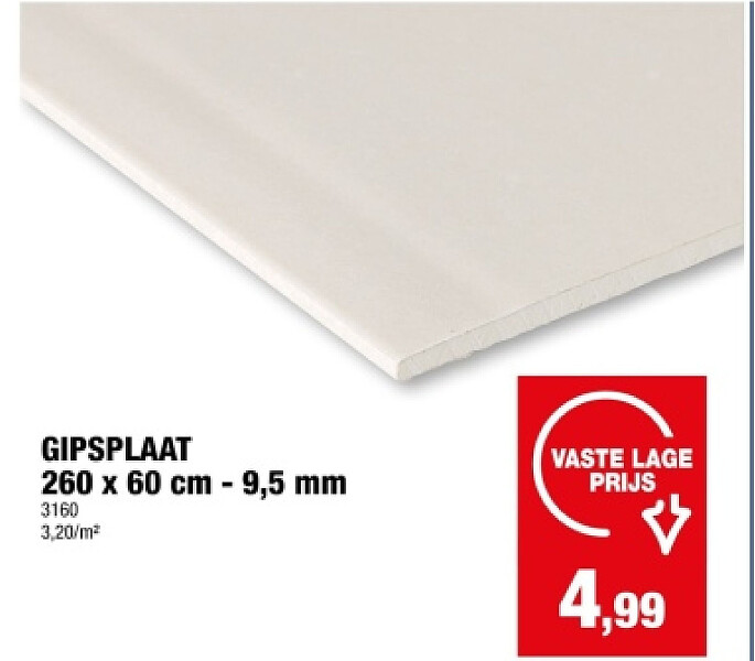 GIPSPLAAT 260 x 60 cm - 9,5 mm